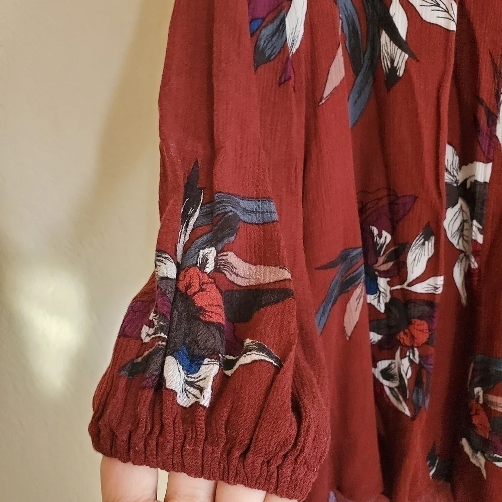 Free People Floral Electric Orchid Maroon Red Keyhole Tunic Dress Boho Casual XS